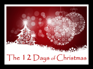 A red background with a snowy shining evergreen tree and some big ass snowy ornaments